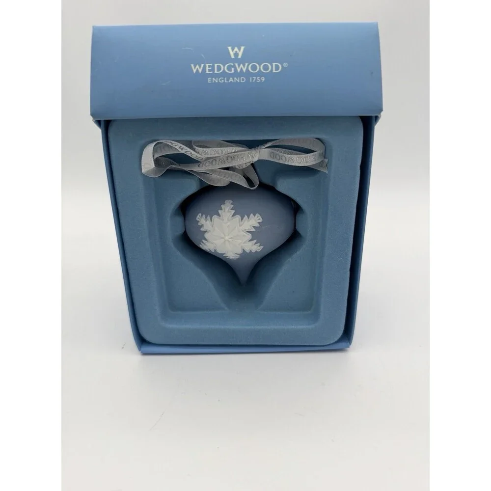 Wedgwood Jasperware Blue/White Teardrop Snowflake Christmas Ornament Boxed